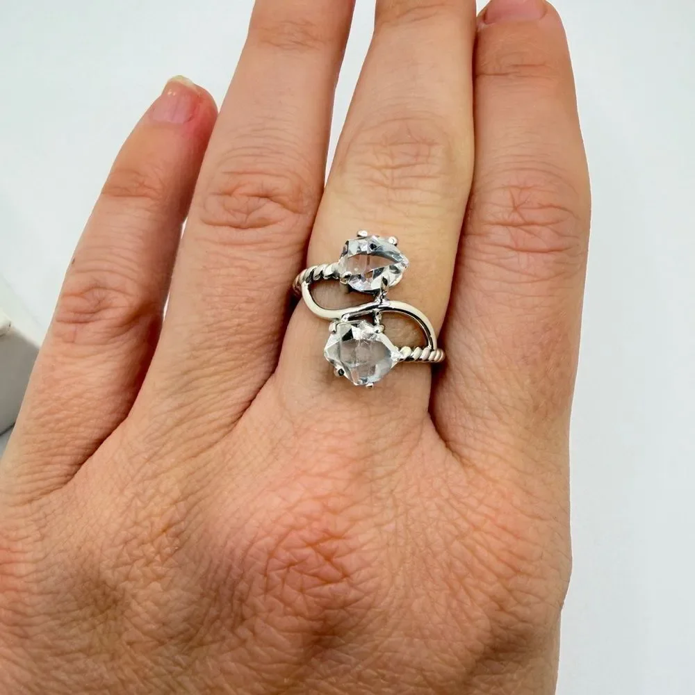 NWT‎ 8x7mm double HERKIMER diamond quartz ring w/ sterling silver rope design!